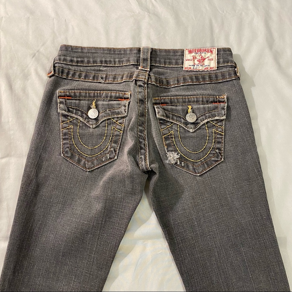 y2k true religion grey black low rise stretchy flare denim jeans women’s size 26